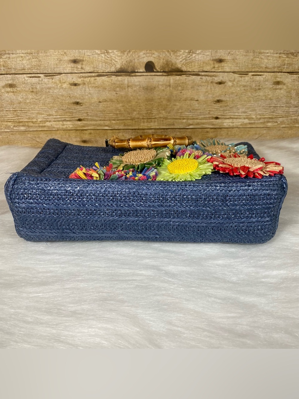 Haute Hippie Blue Straw Tote with Multicolor Floral Appliqués and Bamboo Handles - Picture 5 of 11